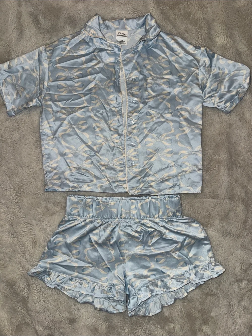 art class Light Blue Satin Short Pajama Set with Ivory Bow Print